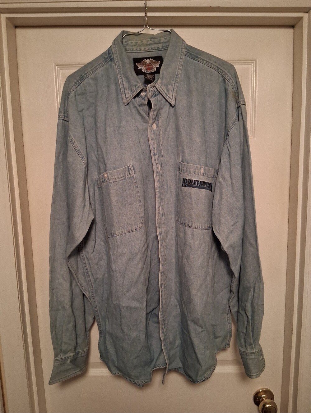 Harley Davidson mens blue jean button up shirt